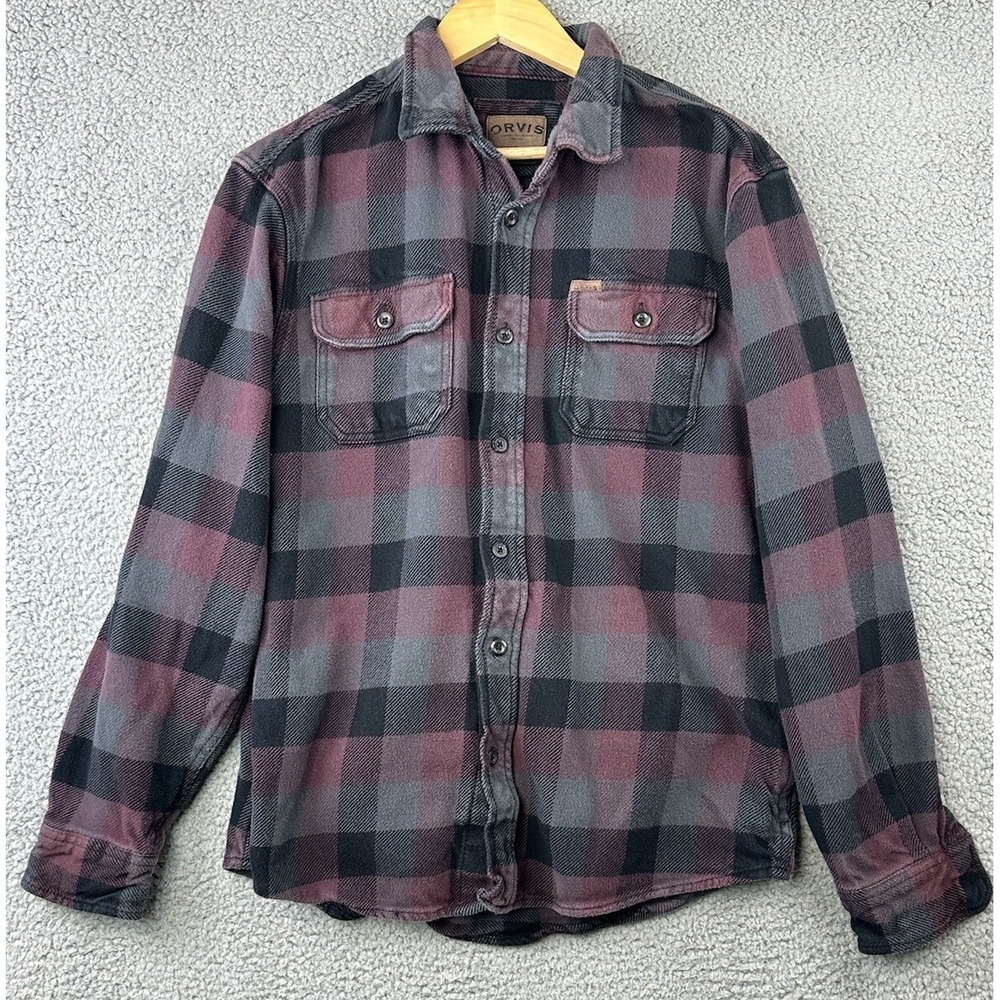 Orvis Shacket Mens Large Purple Gray Flannel Heavyweight  Button Up Shirt Jacket